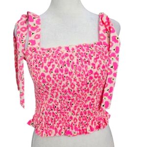 CAROLE CHRISTIAN Smocked Floral Shoulder Tie Top In Pink/yellow Multi. SM NWT